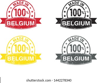 Made in Belgium  collection of ribbon, label, stickers, badge, icon and page curl with Belgium  flag symbol. Vector illustration isolated on white background.  Stamp with Made in Belgium  text.