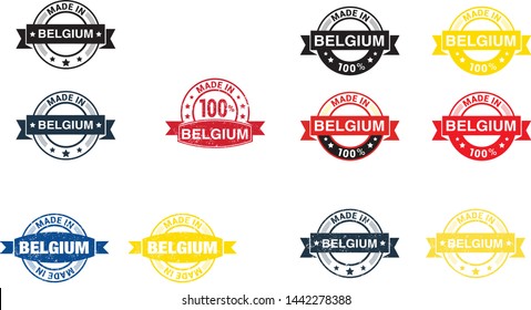 Made in Belgium  collection of ribbon, label, stickers, badge, icon and page curl with Belgium  flag symbol. Vector illustration isolated on white background.  Stamp with Made in Belgium  text.