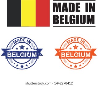 Made in Belgium  collection of ribbon, label, stickers, badge, icon and page curl with Belgium  flag symbol. Vector illustration isolated on white background.  Stamp with Made in Belgium  text.