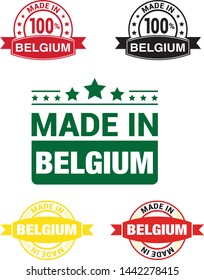 Made in Belgium  collection of ribbon, label, stickers, badge, icon and page curl with Belgium  flag symbol. Vector illustration isolated on white background.  Stamp with Made in Belgium  text.