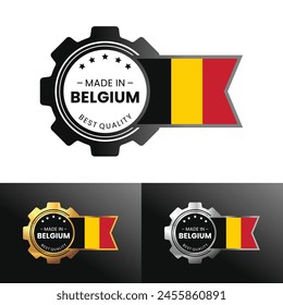 Made in Belgium with gear and flag design. For banner, stamp, sticker, icon, logo, symbol, label, badge, seal, sign. Vector Illustration