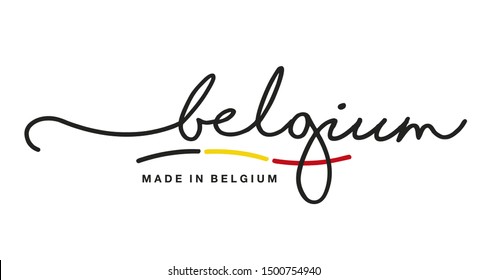 Made in Belgium handwritten calligraphic lettering logo sticker black yellow red flag ribbon banner line design