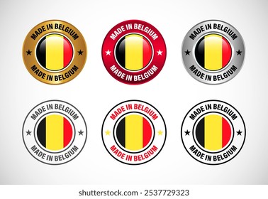 Hecho en Bélgica icono de la etiqueta con la bandera. Conjunto de iconos para negocios, insignia, sello, pegatina, logotipo y símbolo