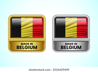 Made in Belgium label icon in gold and silver color. Flag icon set for business