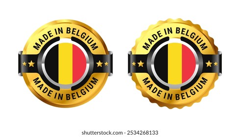 Made in Belgium logo a gold circle with a picture of a flag in the middle. For icon, label, badge, mark, sign, symbol, etc. Modern and minimalist. Vector Illustration