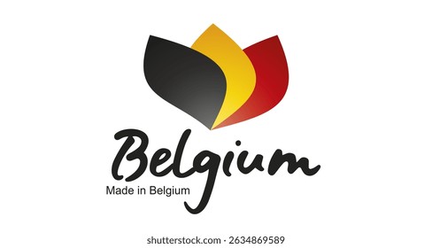 Made in Belgium logo, sticker. Abstract Belgium flag and ribbon in shape of leaf flower with handwritten typography lettering