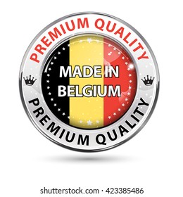 Made in Belgium, Premium Quality - icon / label with national flag colors.