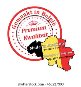 Made in Belgium, Premium Quality (text in English, French and Dutch language) stamp with Belgium map and flag. Print colors used
