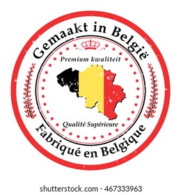 Made in Belgium, Premium Quality (translation of the text from dutch language - top of the stamp, and French language - bottom of the label) sticker with map of Belgium. Print colors used.