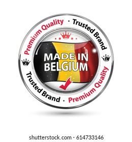 Made in Belgium, Premium quality, Trusted Brand (dutch language: gemaakt in Belgie, Premium kwaliteit, betrouwbare merk) - business commerce shiny icon. Suitable for retail industry.