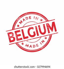 Made in Belgium red vector graphic. Round rubber stamp isolated on white background. With vintage texture.