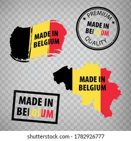 Made in Belgium rubber stamps icon isolated. Manufactured or Produced in the Belgium.  Set of grunge rubber stamps for your web site design, app, UI. EPS10.