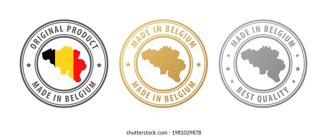 Made in Belgium - set of stamps with map and flag. Best quality. Original product. Vector illustration