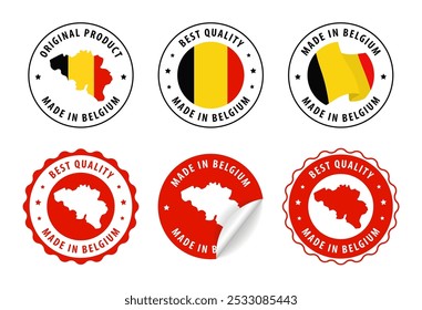 Made in Belgium - Serie von Marken und Aufklebern mit Karte und Flagge. Beste Qualität. Originalprodukt. Vektorgrafik.