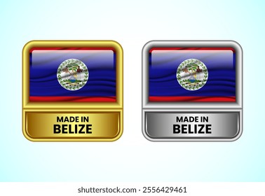 Made in Belize label icon in gold and silver color. Flag icon set for business