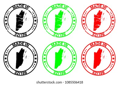 Made in Belize  - rubber stamp - vector, Belize  map pattern - black, green and red