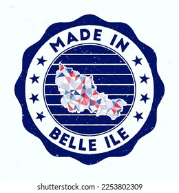 Made In Belle Ile. Island round stamp. Seal of Belle Ile with border shape. Vintage badge with circular text and stars. Vector illustration.