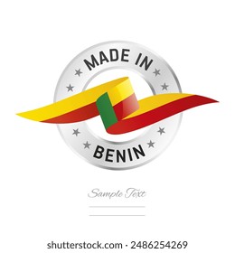 Made in Benin. Benin flag ribbon with circle silver ring seal stamp icon. Benin sign label vector isolated on white background