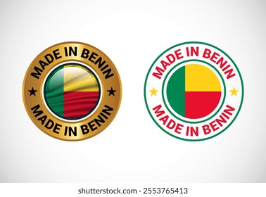 Made in Benin label icon with flag. Icon set for business, badge, seal, sticker, logo, and symbol
