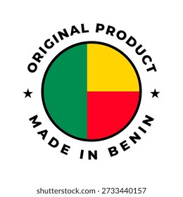 Made in Benin original product circular badge with Benin flag design. Perfect for branding, packaging, product labels, quality assurance, manufacturing, and country of origin identification.