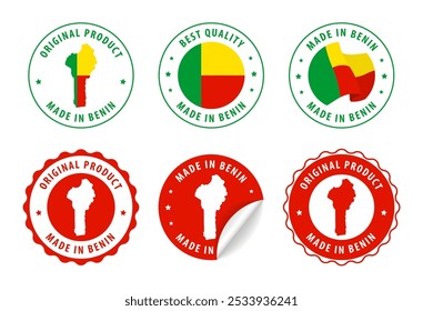 Made in Benin - Satz von Etiketten, Briefmarken, Abzeichen, mit der Benin-Karte und Flagge. Beste Qualität. Originalprodukt. Vektorgrafik