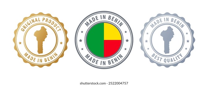 Made in Benin - Serie von Marken mit Karte und Flagge. Beste Qualität. Originalprodukt. Vektorgrafik