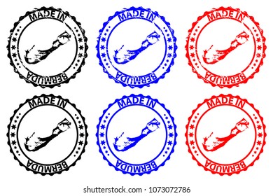 Made in Bermuda - rubber stamp - vector, Bermuda map pattern - black, blue and red