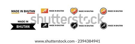 Made in Bhutan flag icons. Different styles, Made in Bhutan flag in square, heart, circle icons. Vector icons