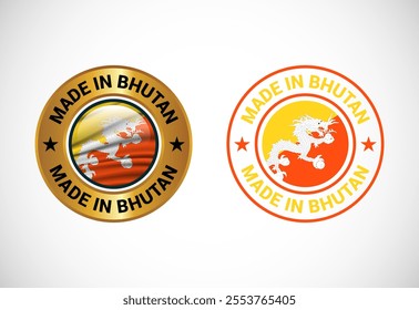 Made in Bhutan label icon with flag. Icon set for business, badge, seal, sticker, logo, and symbol