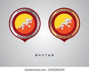 Hecho en Bután. etiquetas, pegatinas, puntero, insignia y símbolo del icono de la bandera de Bután. Ilustración vectorial de la colección