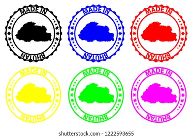 Made in Bhutan - rubber stamp - vector, Bhutan map pattern - black, blue, green, yellow, purple and red