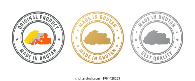 Made in Bhutan - set of stamps with map and flag. Best quality. Original product. Vector illustration