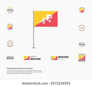 Made in Bhutan Stamps, Flag, Tags, labels, Seals, Icons. Creative Designs for Branding and Packaging