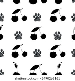 Made of black cat face cherries and paw prints. Seamless fabric design pattern