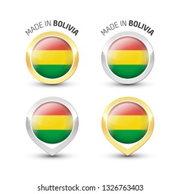 Made in Bolivia - Guarantee label with the Bolivian flag inside round gold and silver icons.