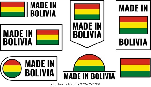 Made in Bolivia icons set showcasing product emblems from Bolivia in various shapes and designs