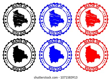 Made in Bolivia  - rubber stamp - vector, Bolivia  map pattern - black, blue and red