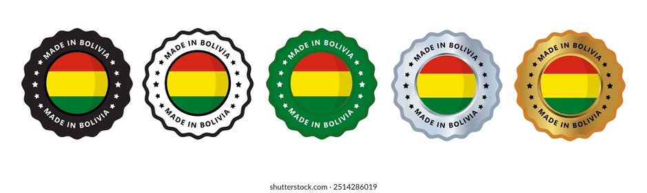 Made in bolivia set of sign stamp badge, with varian color green, silver, gold, black suitable for products manufactured, military, agriculture or food vector illustration eps editable text