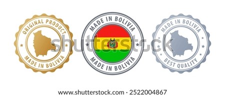 Made in Bolivia - set of stamps with map and flag. Best quality. Original product. Vector illustration