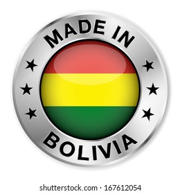 Made in Bolivia silver badge and icon with central glossy Bolivian flag symbol and stars. Vector EPS10 illustration isolated on white background.