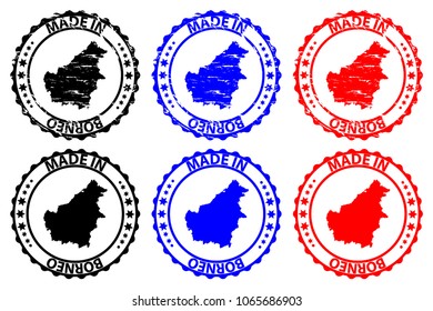 Made in Borneo - rubber stamp - vector, Borneo map pattern - black, blue and red