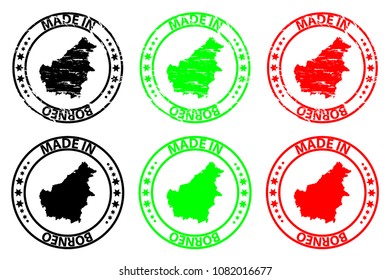 Made in Borneo - rubber stamp - vector, Borneo map pattern - black, green and red
