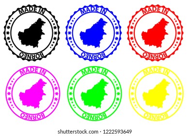Made in Borneo - rubber stamp - vector, Borneo map pattern - black, blue, green, yellow, purple and red