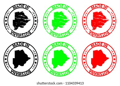 Made in Botswana - rubber stamp - vector, Botswana map pattern - black, green and red