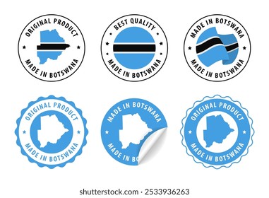 Feito em Botsuana - conjunto de selos e adesivos com mapa e bandeira. Melhor qualidade. Produto original. Ilustração vetorial.