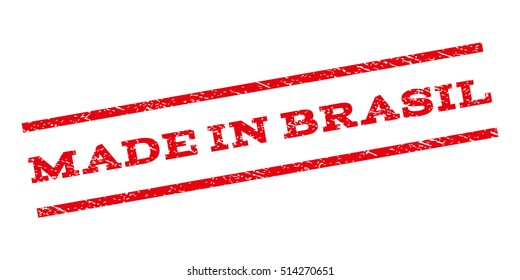 Made In Brasil watermark stamp. Text caption between parallel lines with grunge design style. Rubber seal stamp with scratched texture. Vector red color ink imprint on a white background.