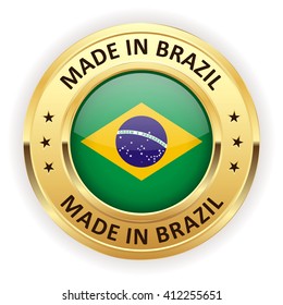 Made in brazil button with gold border on white background