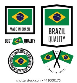 Made in Brazil. Export icon collection. Brazilian production identity. Made in Brazil label, stamp, seal, sticker, print set isolated on white background. Commercial warranty sign vector illustration
