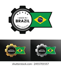 Made in Brazil mit Ausrüstung und Flagge Design. Für Banner, Stempel, Aufkleber, Symbol, Logo, Symbol, Etikett, Abzeichen, Siegel, Zeichen. Vektorillustration