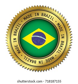 Made in Brazil golden badge with the flag symbol of Brazilian flag in the center. Vector illustration isolated on white background.